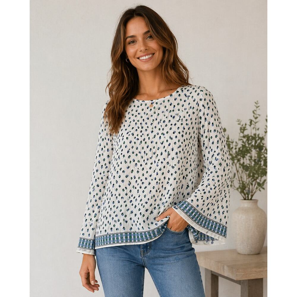 Max Studio Pleated Swing Top M Geometric Print Bell Sleeve Boho Blouse Lined